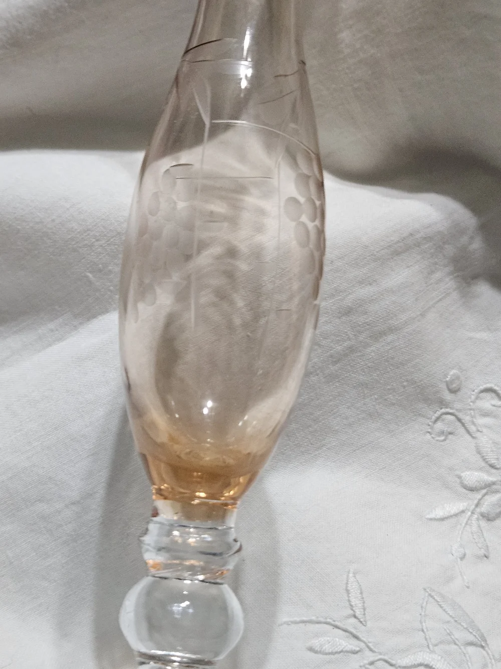 Vintage Pink Depression Footed Vase with Grapes Etched